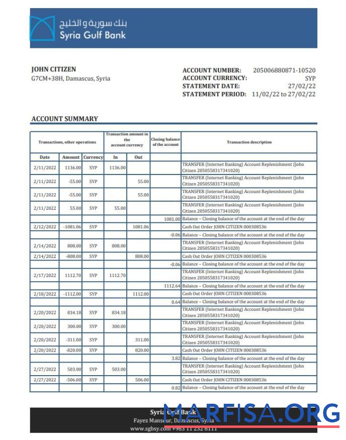 Downloadable Syria Gulf bank statement excel real example